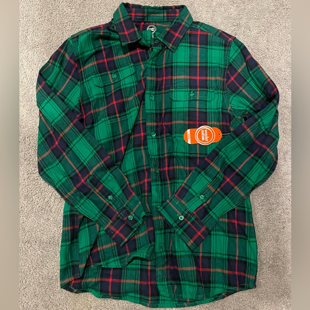 NWT Wonder Nation Green and Navy Plaid Casual Shirt size 14-16